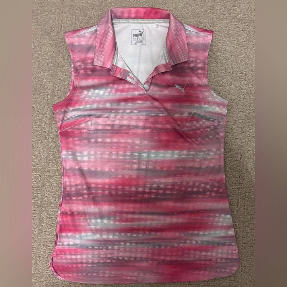 Puma Women's Pink and Gray Striped Golf Sleeveless Shirt